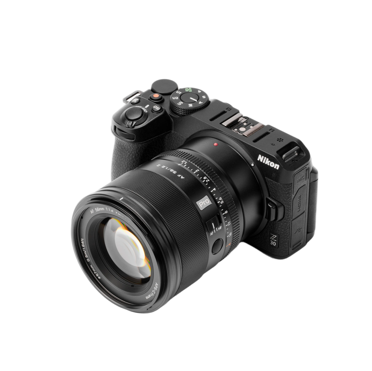 Seitliche Ansicht eines schwarzen Viltrox-Objektivs