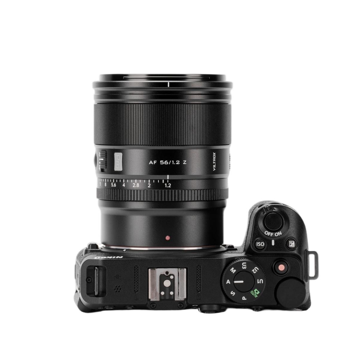 Ansicht von oben eines schwarzen Viltrox-Objektivs mit Gehäuse